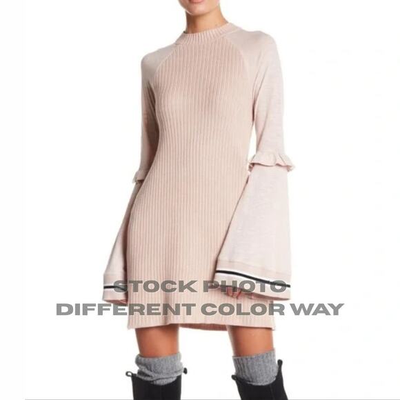 Free People XS Zou Bisou Sweater Dress | Green, Bell Sleeves, Ruffle Trim, $120 - Picture 3 of 5